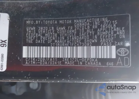 2015 Toyota Corolla L z USA, uszkodzony, nr VIN 2T1BURHE1FC473082